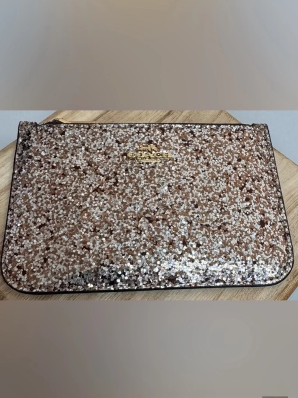 COACH Glitter Zip Pouch Card Holder in Gold Sparkle